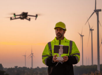 Mann in gelber Uniform fliegt Drohne. Im Hintergrund sind Windräder zu sehen.