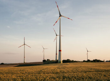 Mehrere Windräder stehen auf einem Feld.
