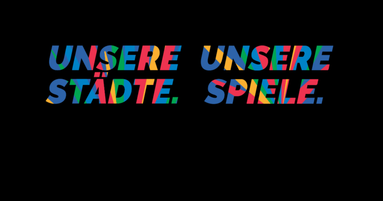 Unsere Städte unsere Spiele. Bunte Schrift auf schwarzem Grund,